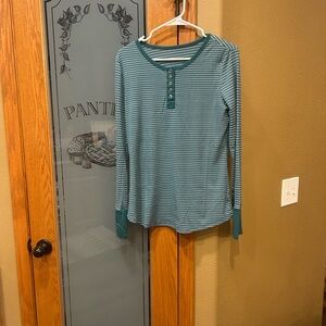 Teal Striped Henley Long Sleeve Top